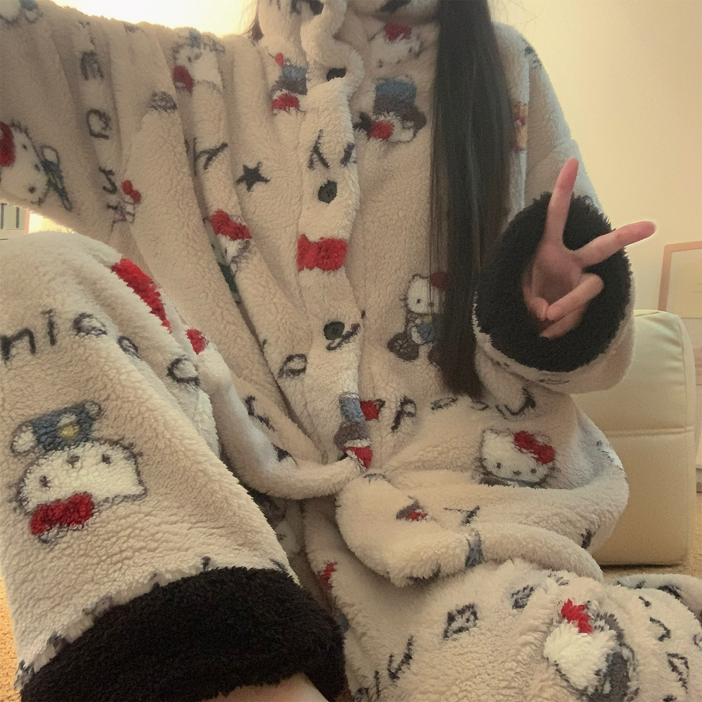 长毛绒睡衣女冬季天灰色猫咪加厚保暖珊瑚绒高领学生家居服两件套