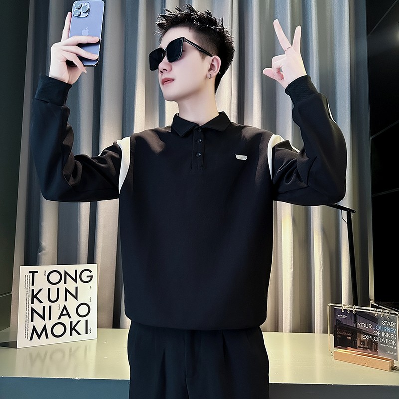 潮牌翻领卫衣男款春秋休闲痞帅撞色POLO衫2025新款男士内搭打底衫