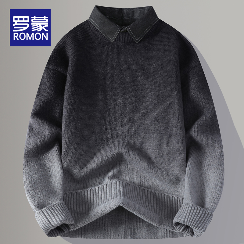 罗蒙男士渐变色衬衫领针织衫上衣男秋冬款男装宽松假两件毛衣男款