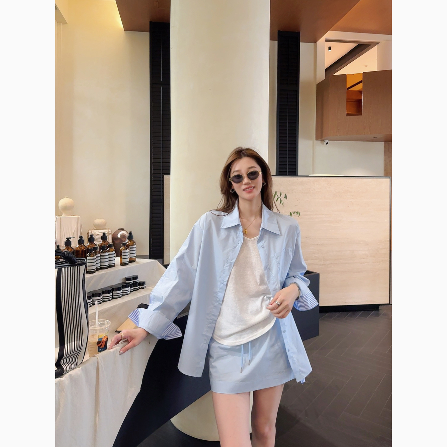 祝喜喜【蓝调庄园】25年春夏新款浅蓝色气质宽松显瘦休闲通勤套装