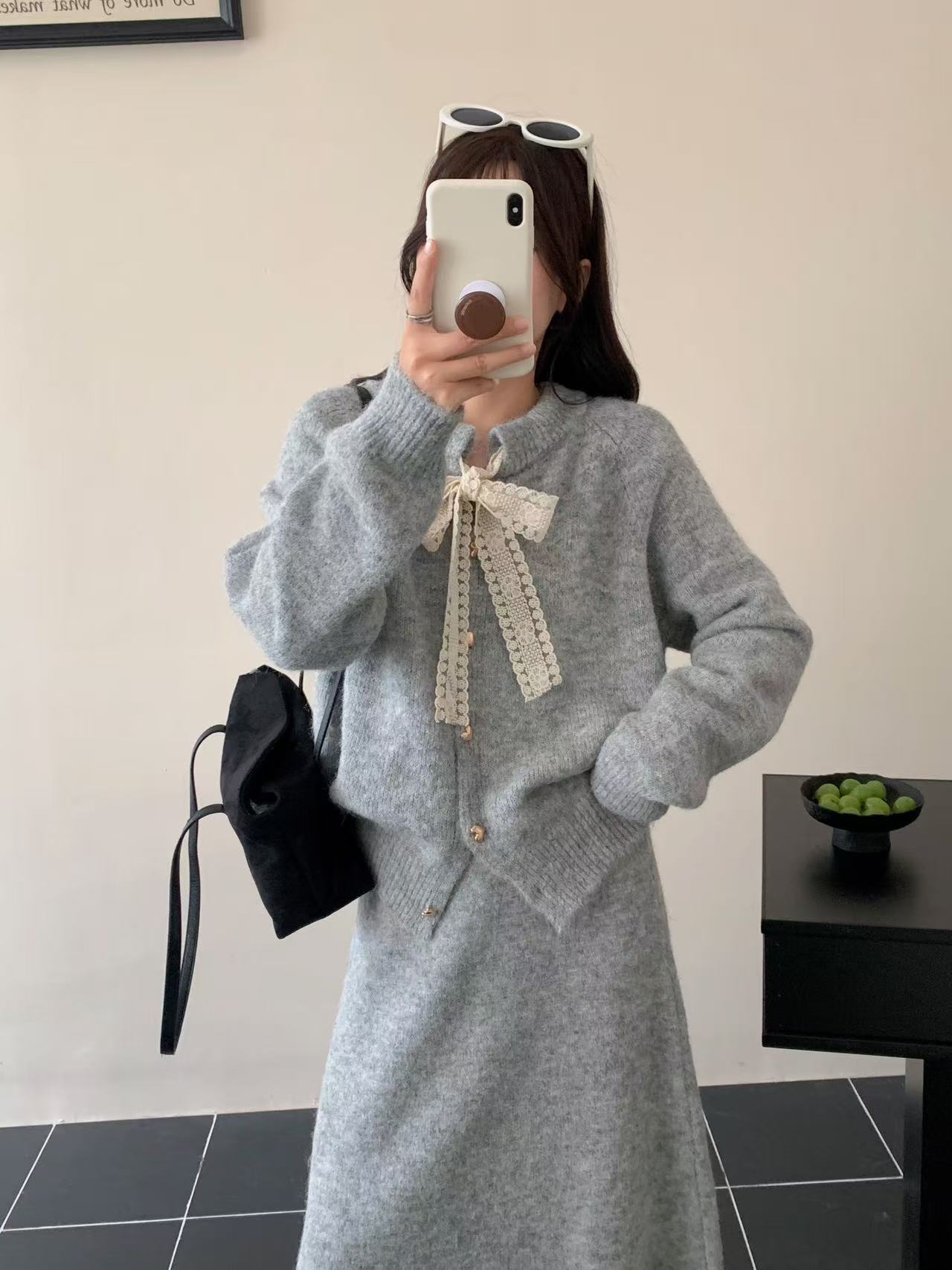 温柔风设计感蕾丝拼接系带气质针织毛衣开衫半身裙两件套秋冬新款