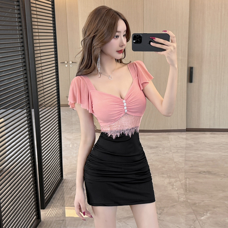 夜场显瘦性感连衣裙女时尚气质辣妹收腰紧身镂空网纱拼接包臀短裙