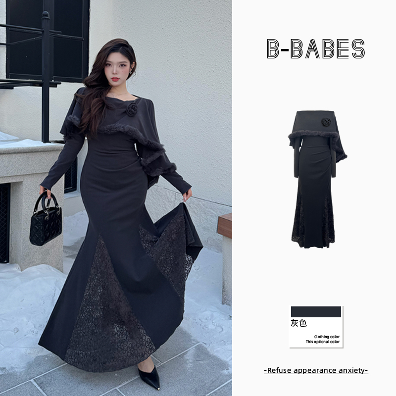 B-babes【灰玫瑰】大码设计感假两件多穿斗篷式步步生莲长裙秋冬