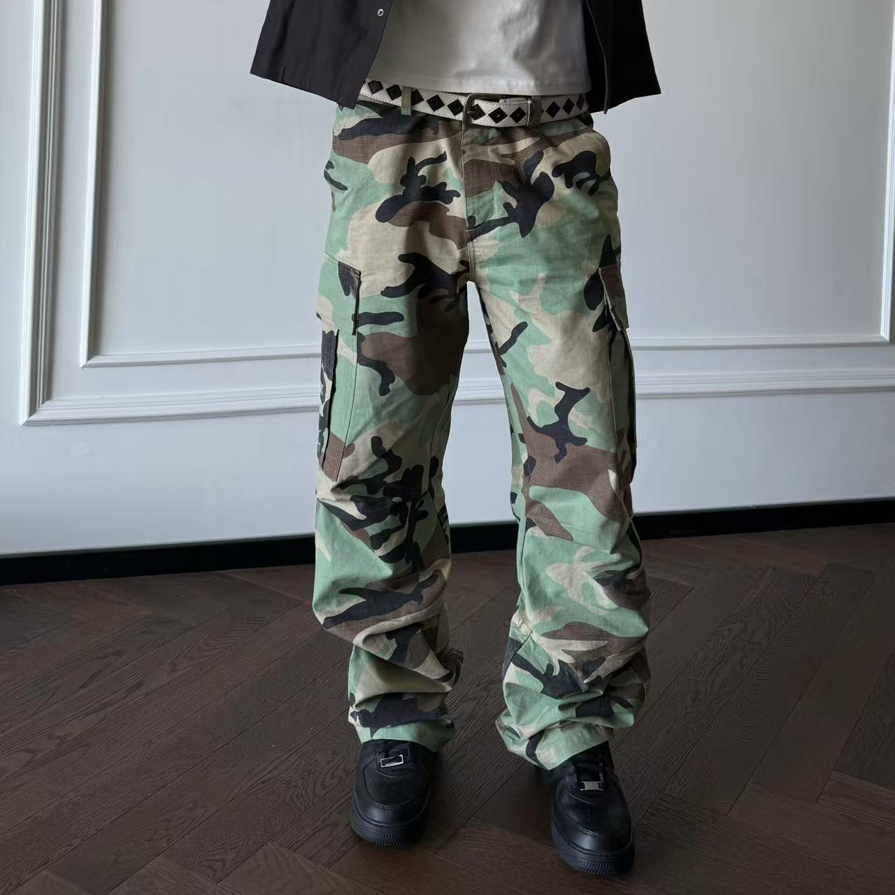 ''TZG''2025AW迷彩防撕裂裤多口袋褶皱水洗做旧裤男女同款