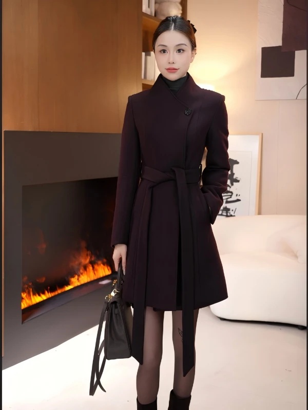 短款正肩袖毛呢外套收腰气质呢羊毛大衣