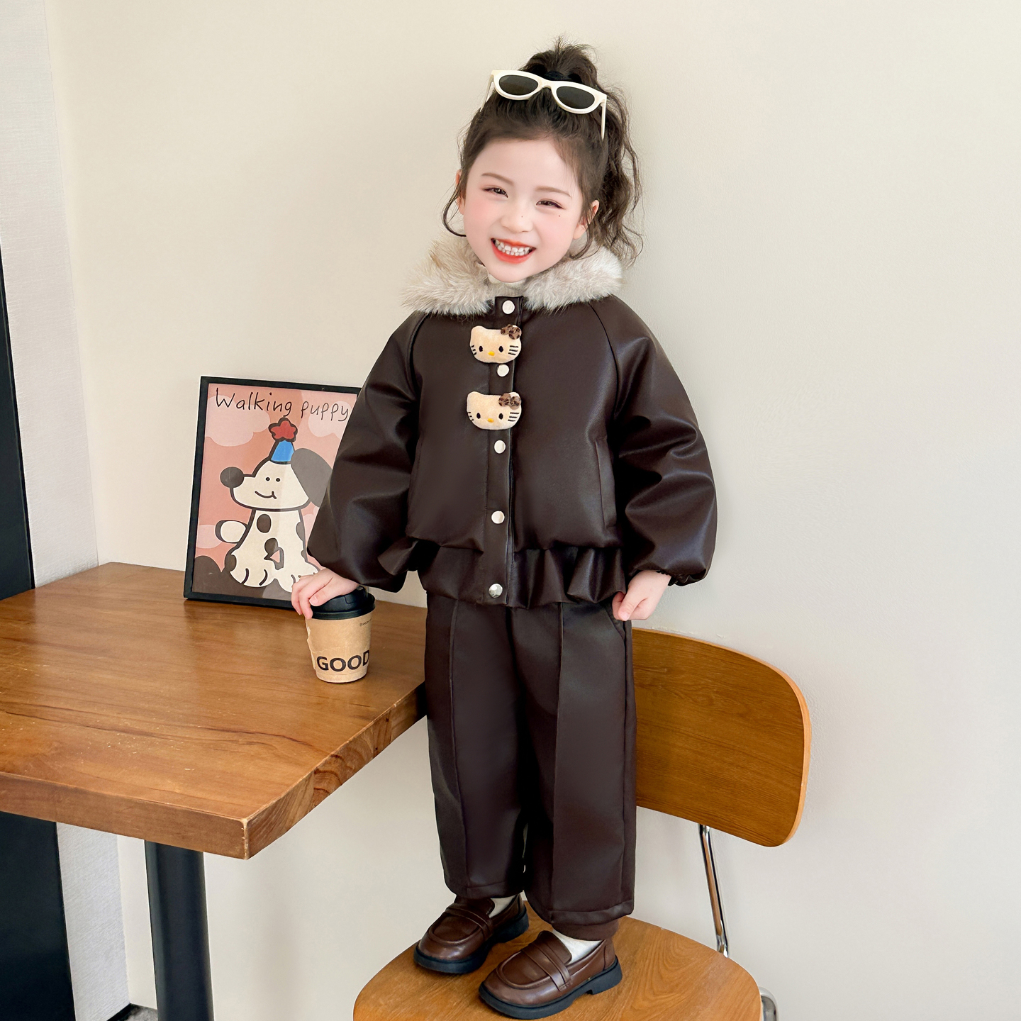 女童冬季时髦毛领皮衣套装2025新款洋气小女孩加绒加厚保暖两件套