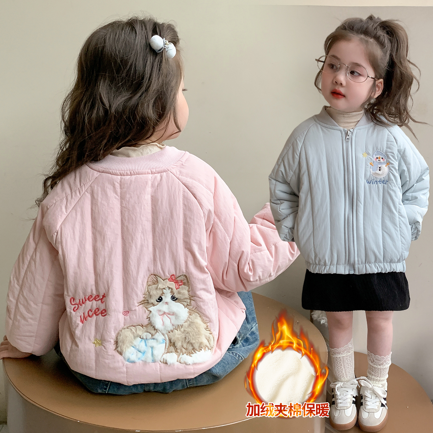 女童秋冬新款棉衣外套2025女宝宝可爱夹棉加绒棒球棉服加厚夹克衫