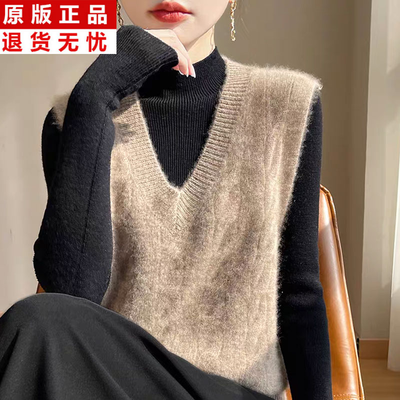 羊绒叠穿马夹秋冬新款外搭马甲女100纯羊毛V领套头羊毛针织衫毛衣