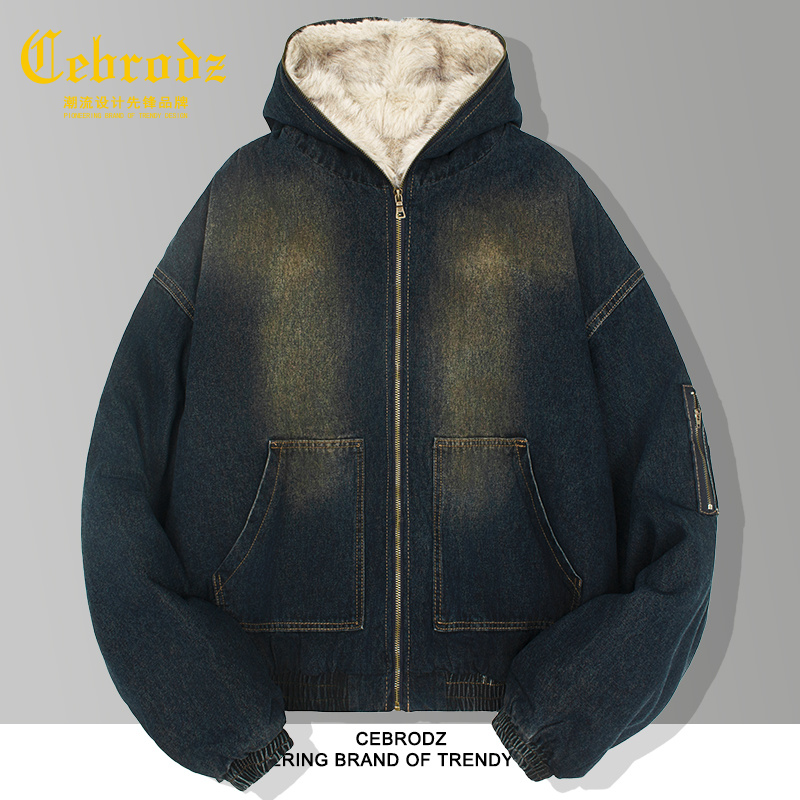 法国Cebrodz冬季牛仔座山雕加厚外套男港风复古水洗连帽夹克棉服