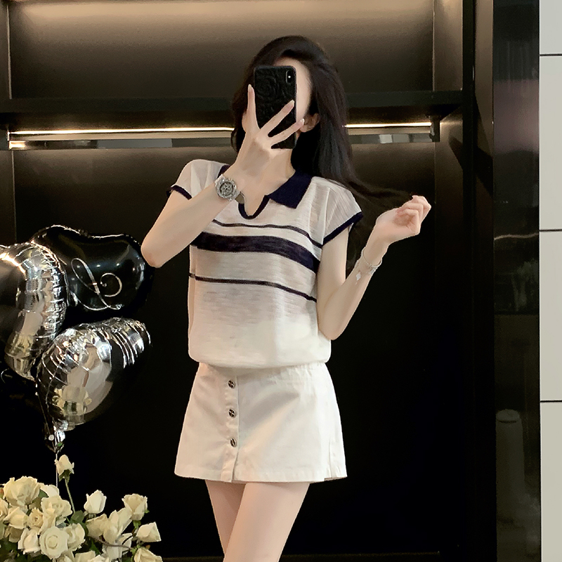 条纹短袖宽松针织衫T恤女装夏季小个子时尚减龄新款简约薄款体恤