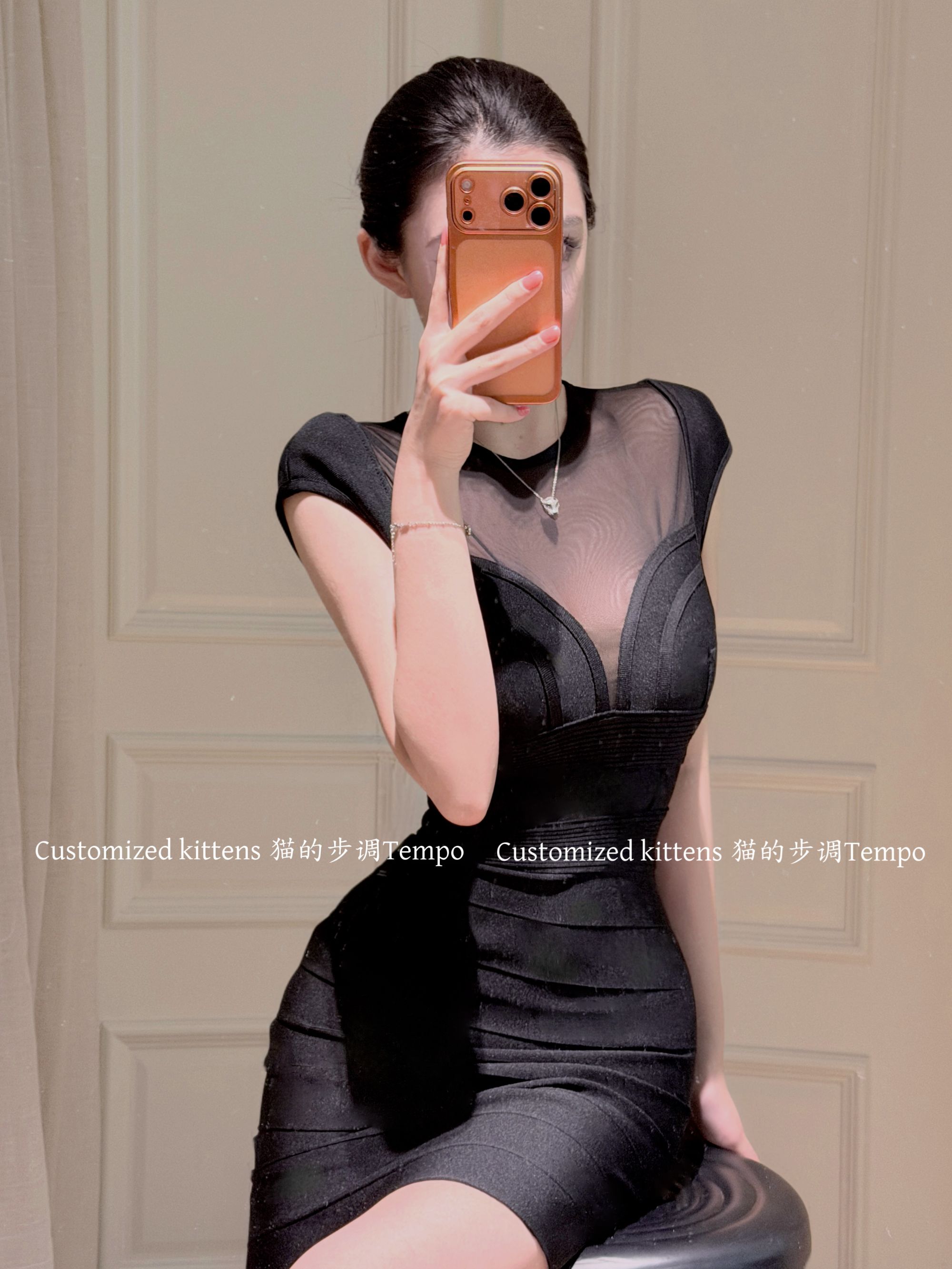 猫咪【灵感缪斯】秋冬百搭姐感长款修身裙拼贴网纱包臀显身材绷带裙