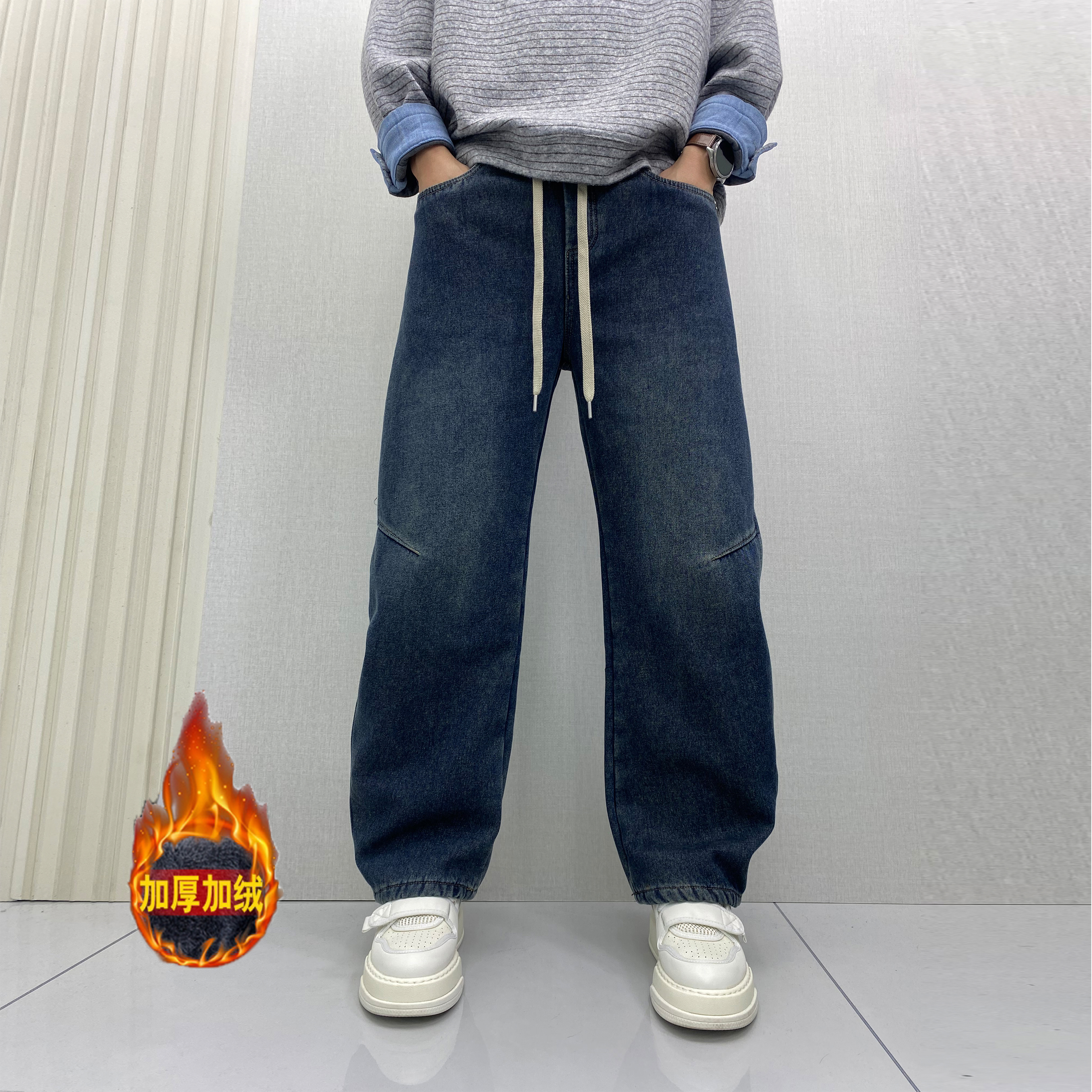 2025冬季加绒直筒牛仔裤男美式潮牌复古做旧宽松百搭阔腿工装长裤