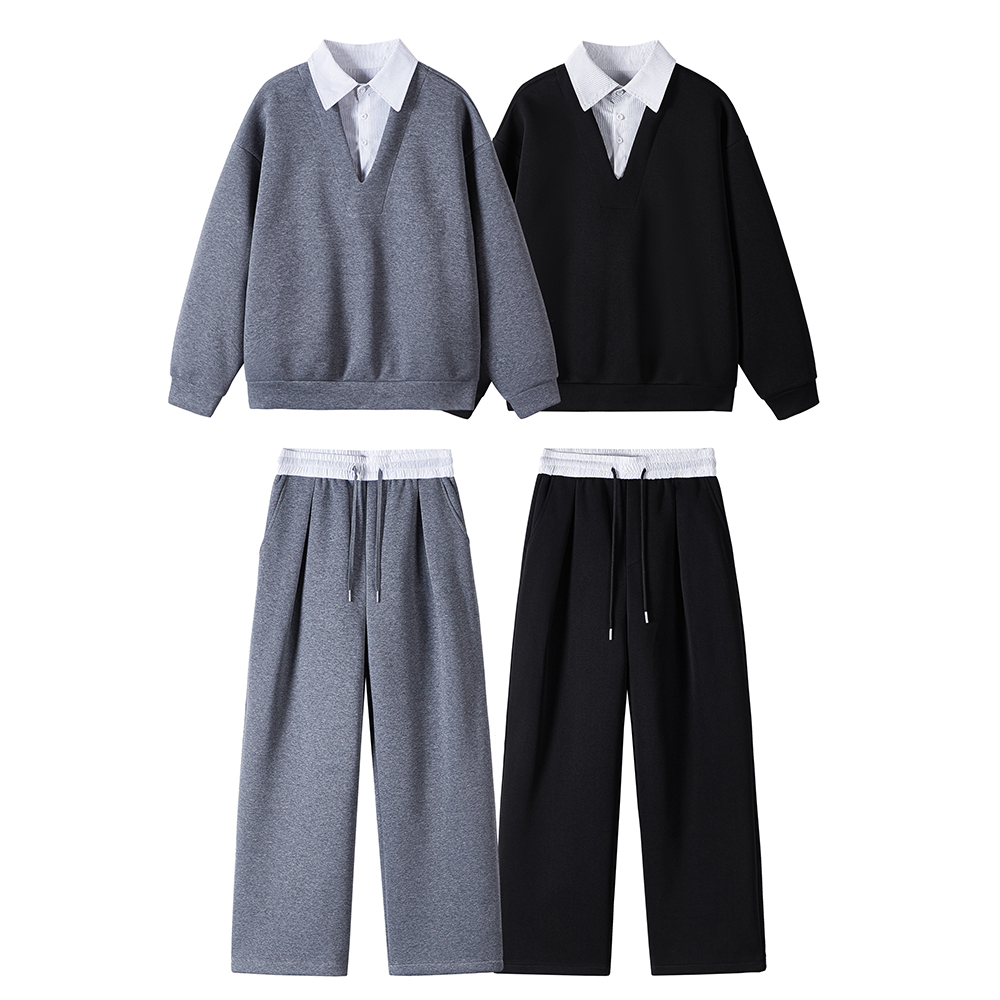 整套ootd穿搭假两件衬衫领卫衣卫裤套装男生秋冬高级感休闲两件套