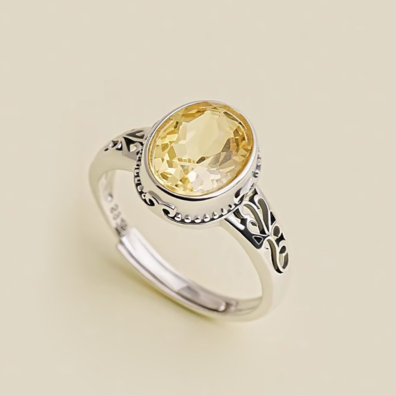 小银匠黄水晶戒指女925银正品宝石戒指手饰中式复古手饰女友礼物