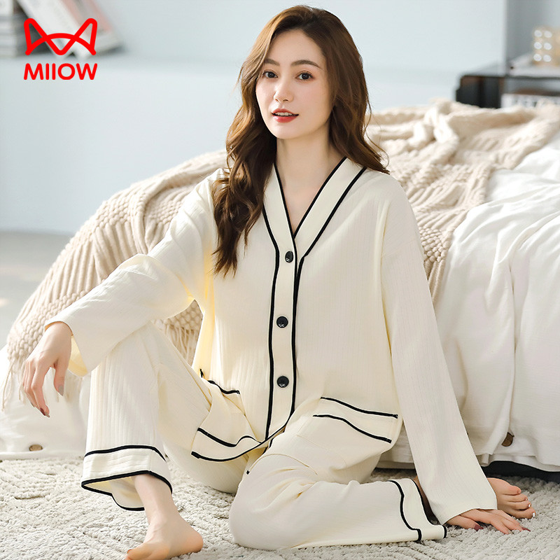 猫人2025春秋新款睡衣女欧若风纯棉长袖开衫V领套装高颜值家居服
