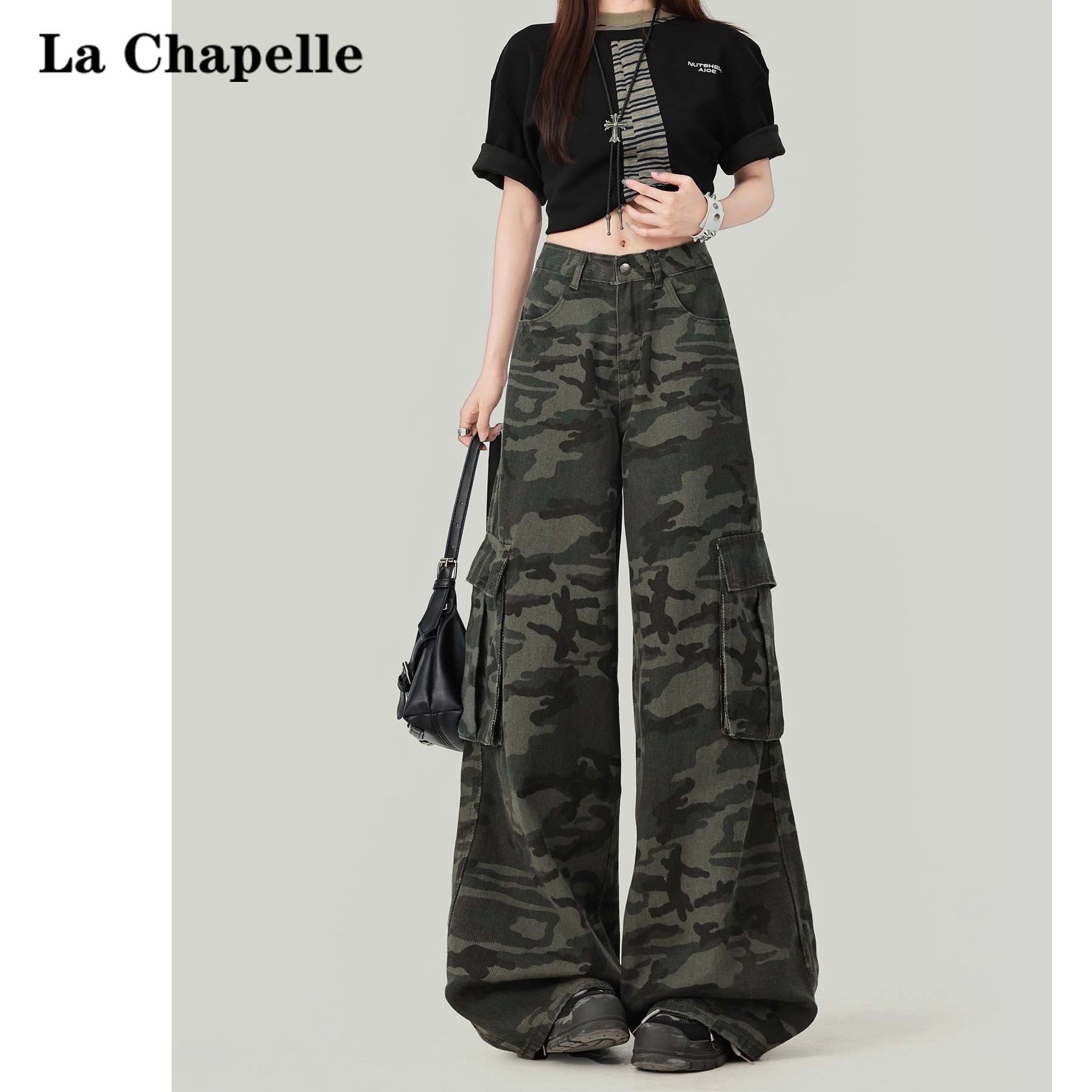 拉夏贝尔迷彩工装牛仔裤女2025早秋新款多口袋小众宽松阔腿拖地裤