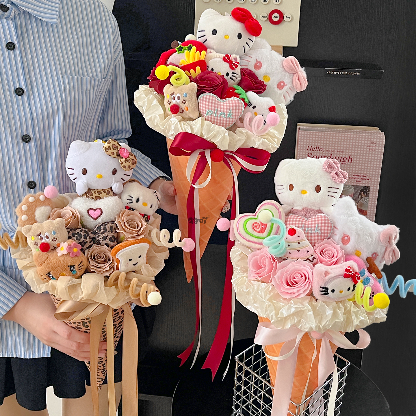 可爱KT猫玩偶蛋筒花束成品卡通花创意手捧花圣诞节礼物实用礼品