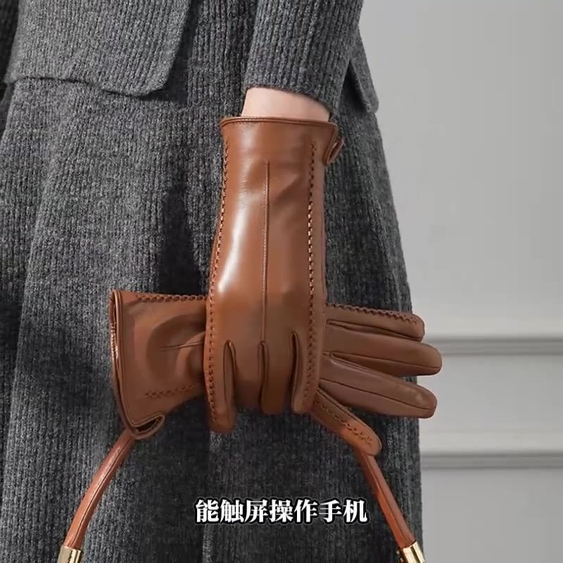 女士真皮手套秋冬季加绒保暖触屏骑车开车防风薄款女士皮手套弹力