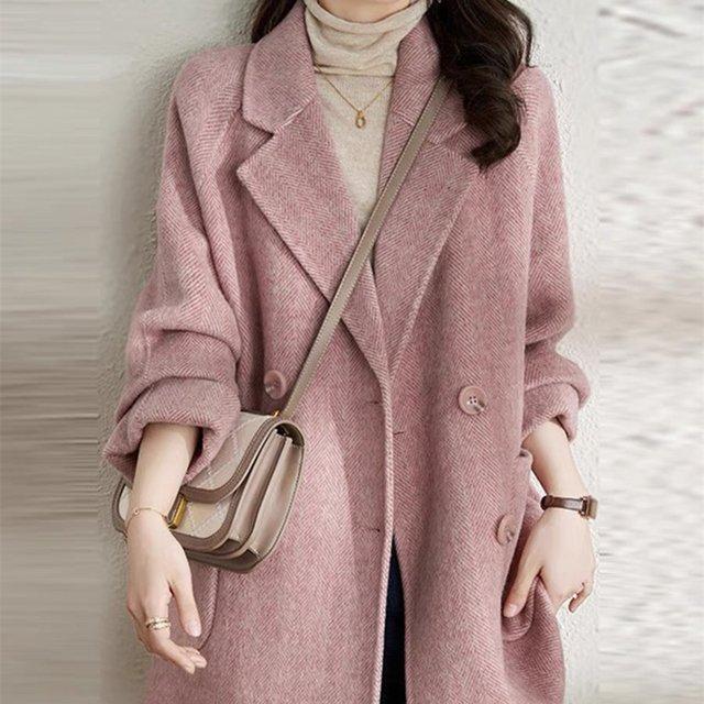 现货2025新款秋冬季粉色毛呢大衣女小个子中长韩版呢外套气质休闲