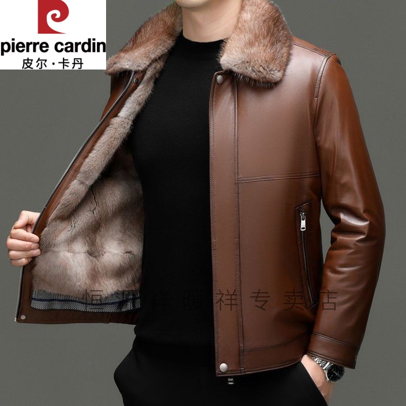 皮尔卡丹2025年正品海宁绵羊真皮衣男青根貂毛内胆毛领加厚保暖外
