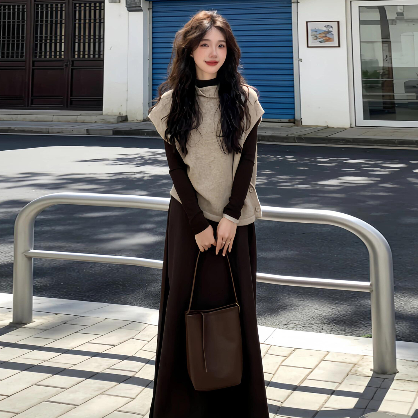 韩系通勤风一整套针织毛衣连衣裙子女秋冬季2026新款马甲叠穿长裙