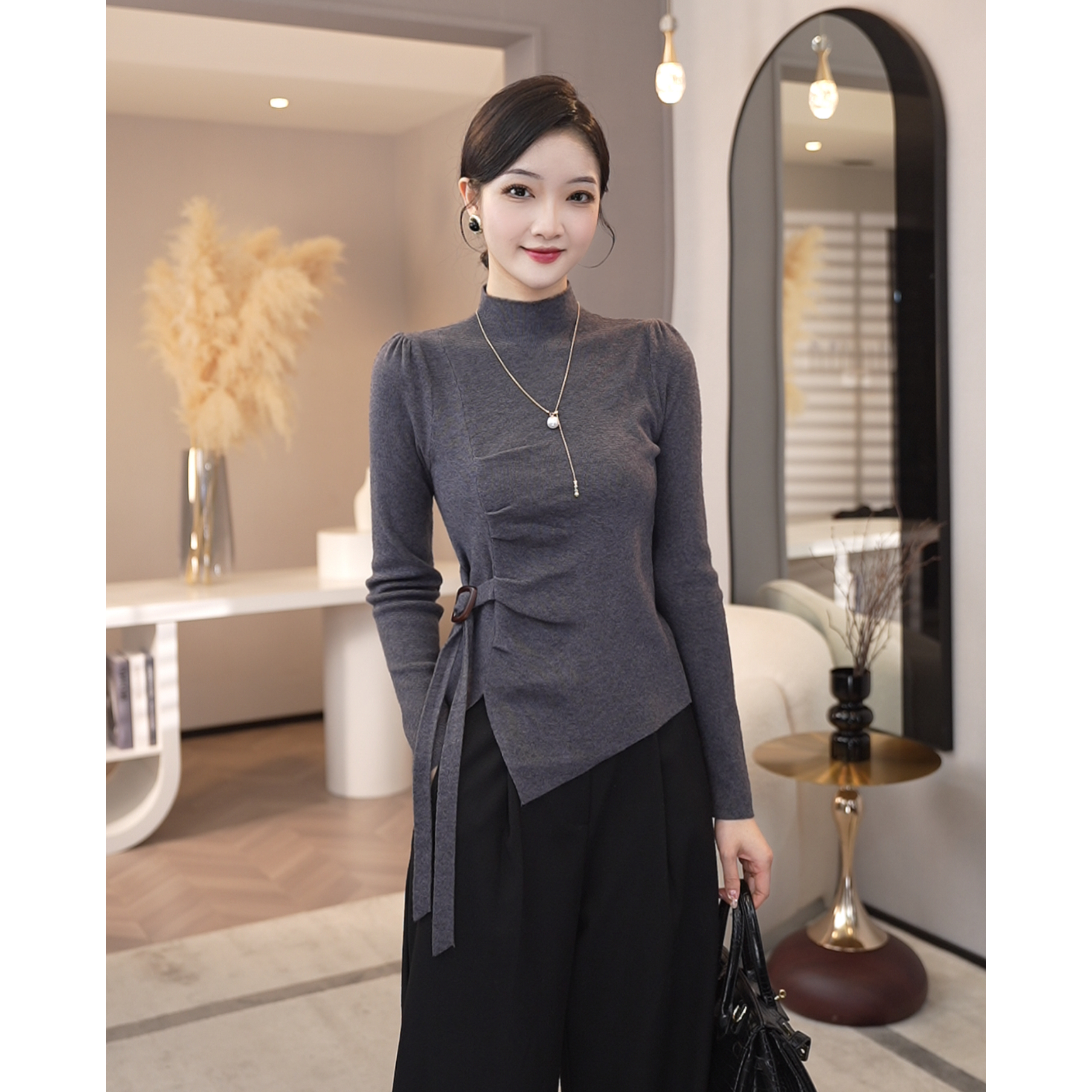 2025现货秋冬新款【8458】含绵羊毛高级感灰色立领收腰针织衫毛衣女