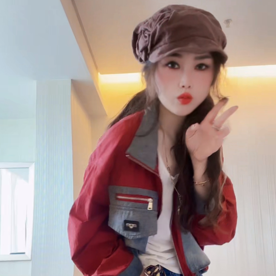 欧货休闲牛仔拼接防晒外套2025春夏新款时尚洋气双兜抽绳超薄上衣