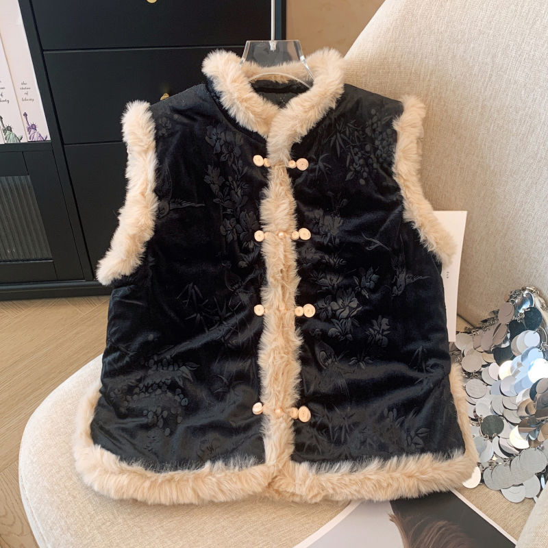 新中式旗袍马甲国风唐装复古黑色加绒加厚无袖中式外套马夹冬款女