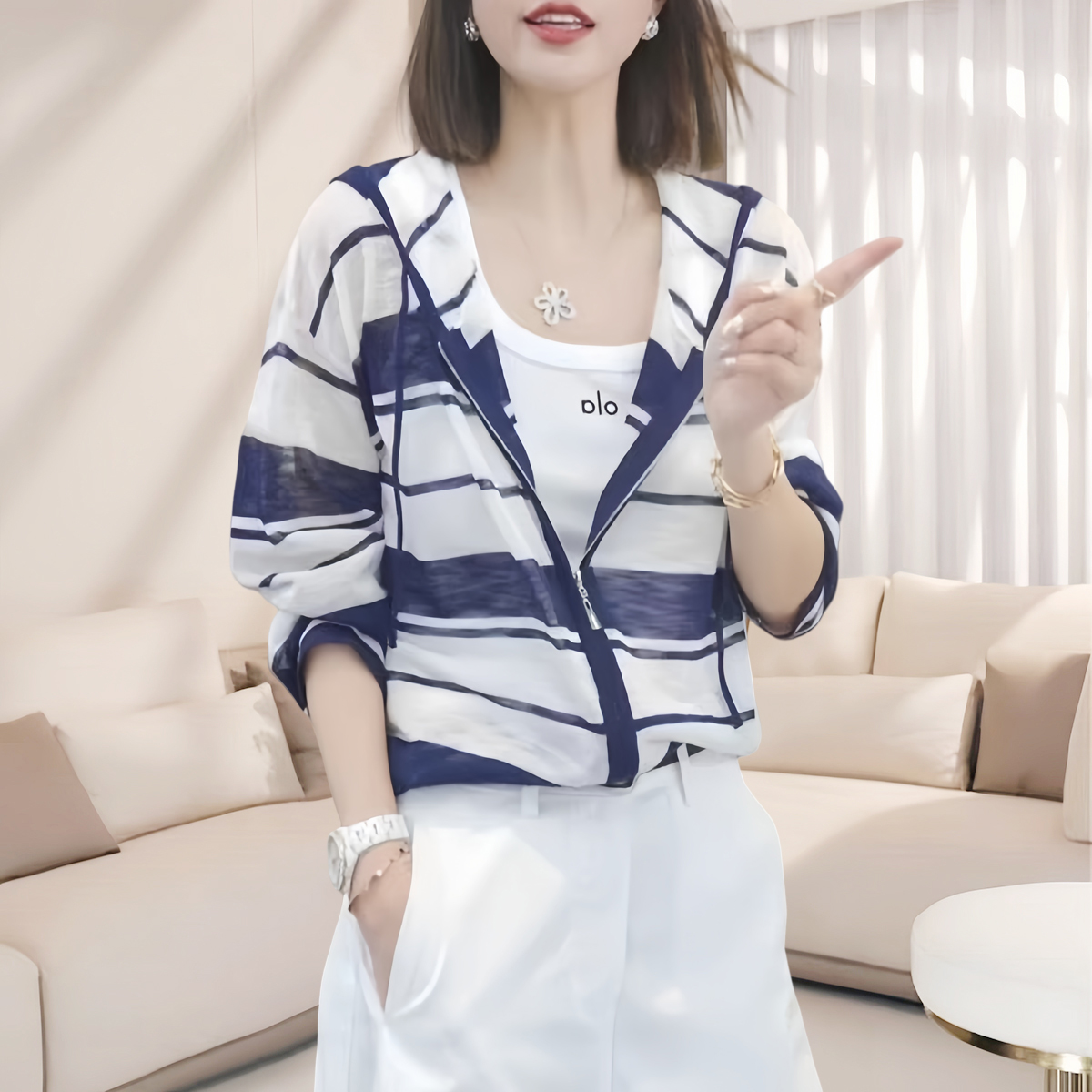 时尚连帽条纹拉链针织开衫女宽松薄款长袖帽衫撞色上衣防晒罩衫潮