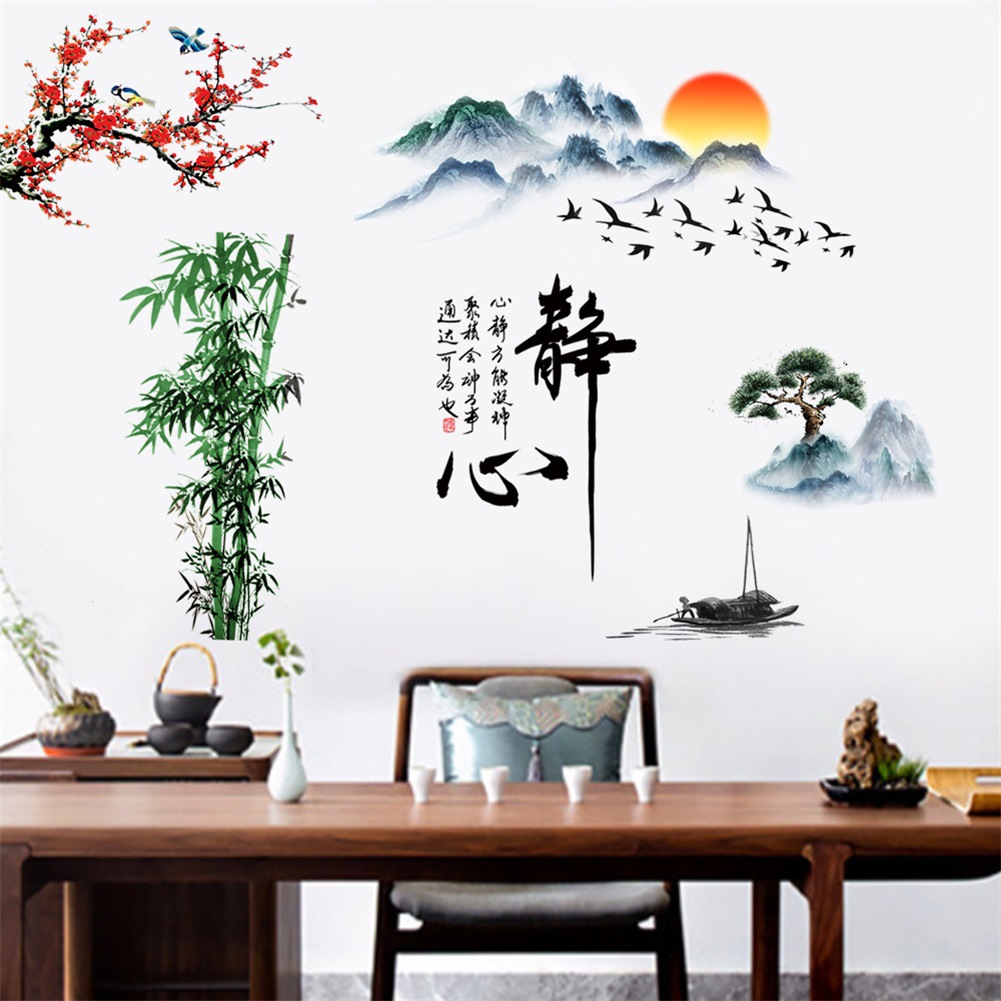 锐春新款静心竹子喜鹊山水自粘墙贴画客户卧室走廊墙壁纸装饰画