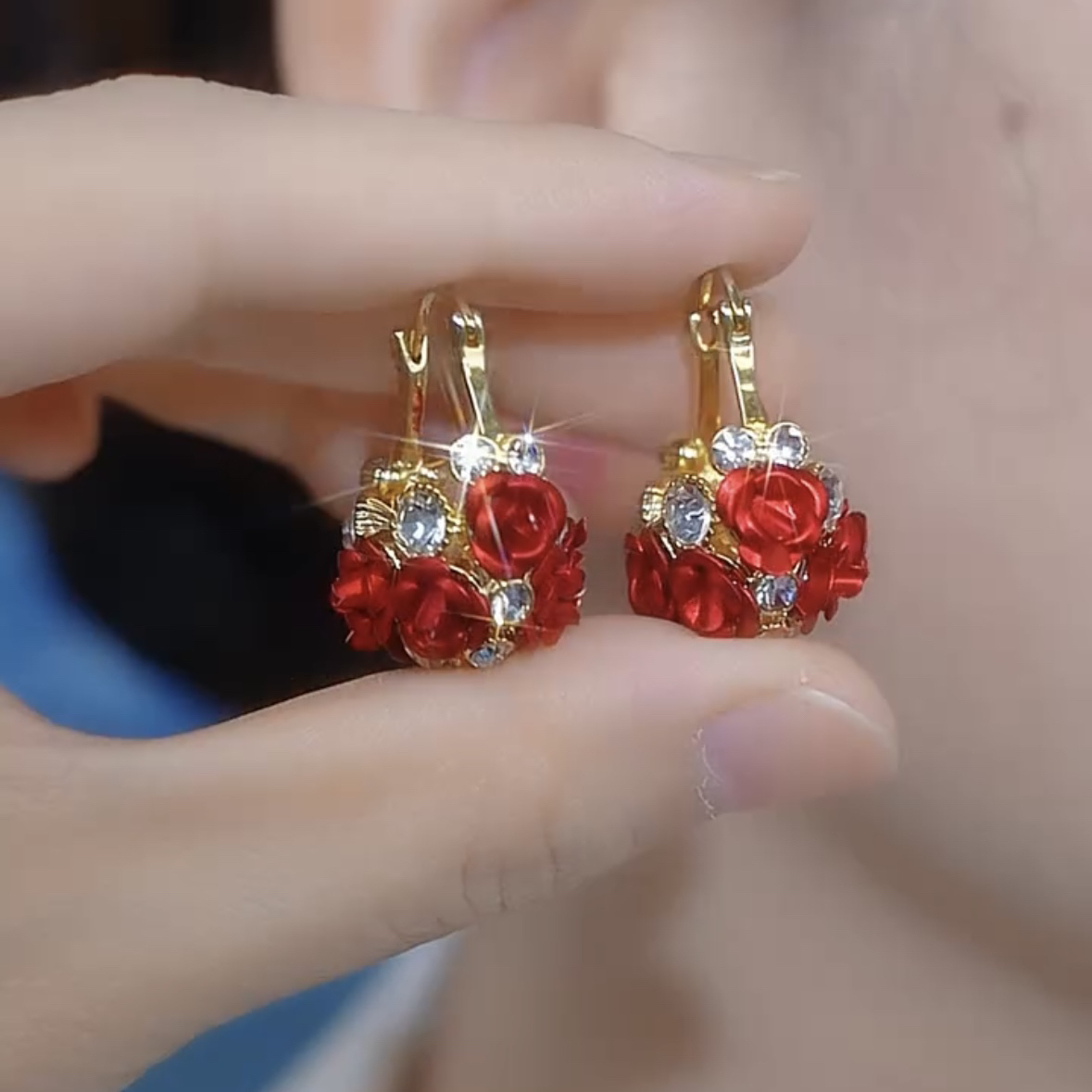 铜合金合成锆石耳饰 百搭时尚红色玫瑰耳扣耳圈耳环精致气质轻奢