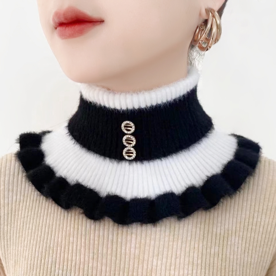 假领子新款女士保暖围脖加厚仿貂绒条纹装饰翻领百搭护颈椎脖套