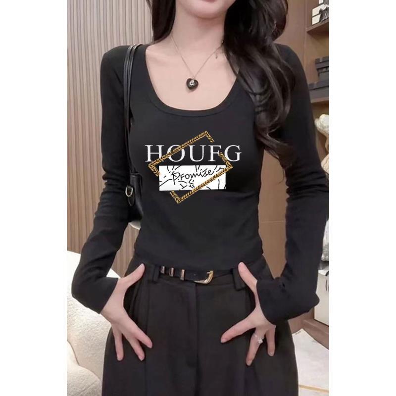 纯棉打底长袖t恤衫女早秋新款纯欲u领设计感修身显瘦正肩百搭上衣