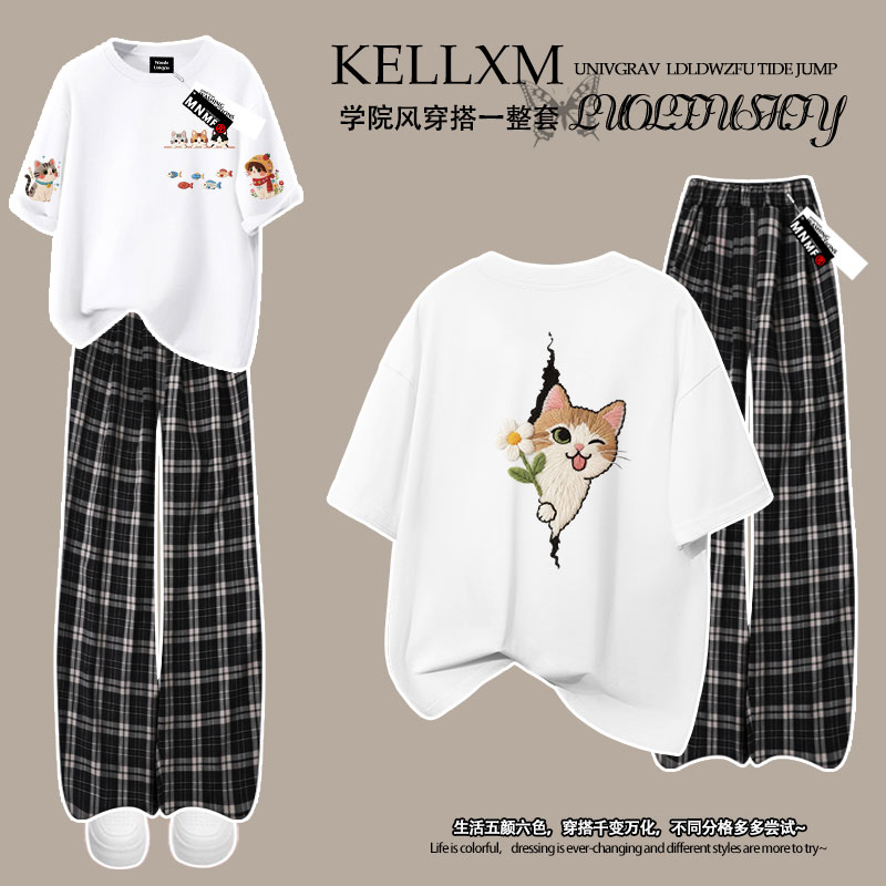 日系卡通可爱仿刺绣小猫女童夏季套装纯棉短袖T恤格子长裤两件套
