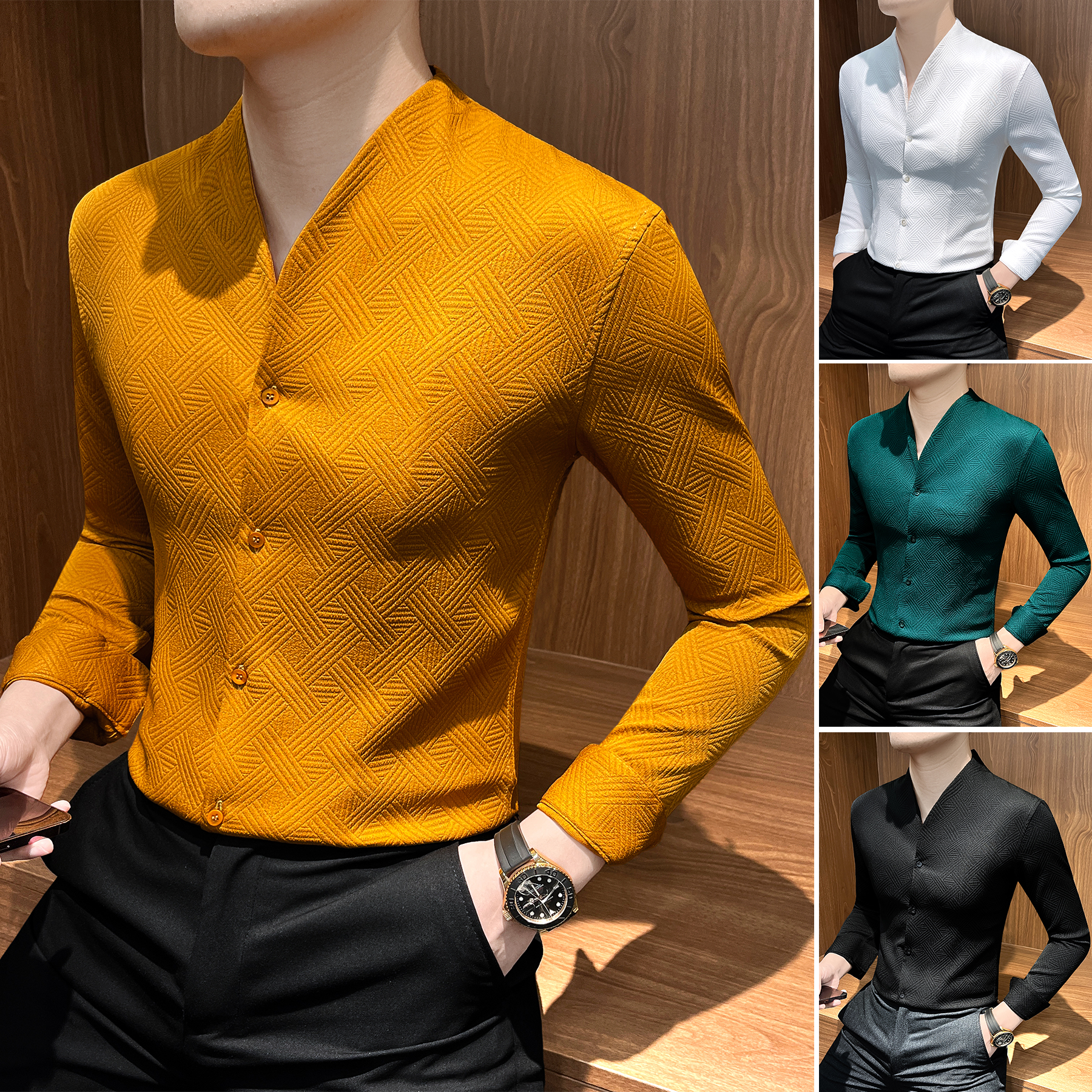 v领编织纹衬衫男长袖爆款2025新款网红炸街款痞帅潮流休闲衬衣男