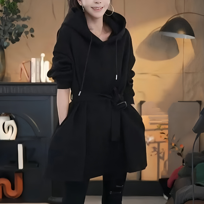 女士连帽卫衣秋季2025新款减龄宽松大码收腰显瘦中长款遮屁股上衣