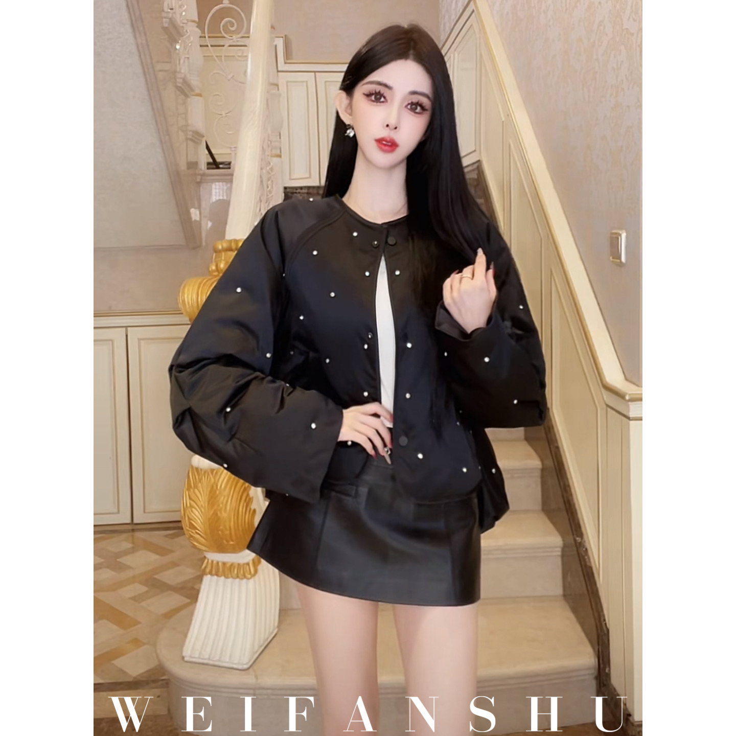 WEIFANSHU/魏凡舒【星夜漫旅】秋冬新款95白鹅绒时尚烫钻保暖外套