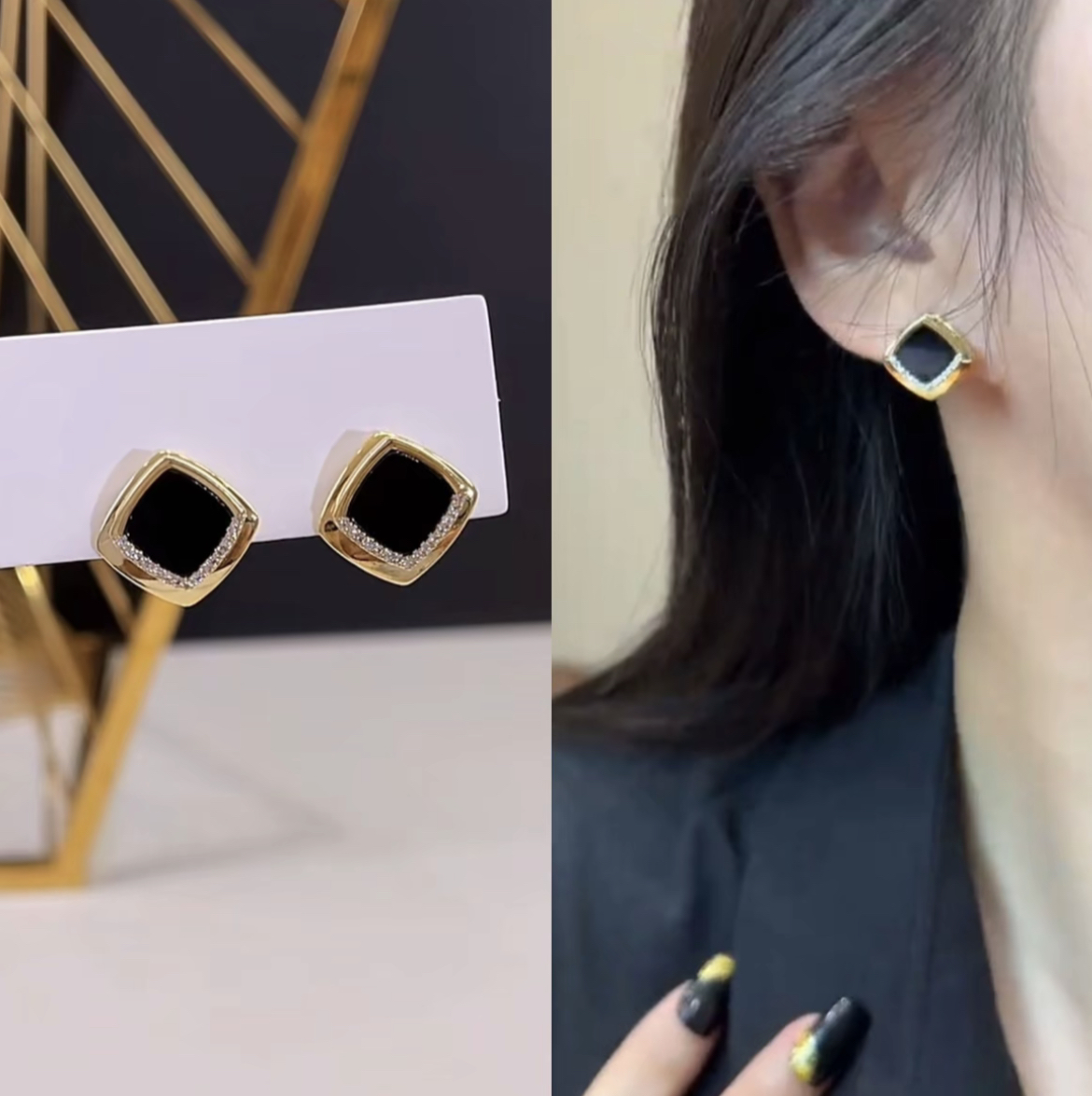 铜合金耳饰 简约高级黑金撞色几何方形耳钉新款法式耳环