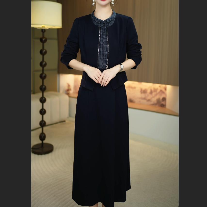 【暖晴川】秋季新款新款新中式假两件中长款格纹气质连衣裙