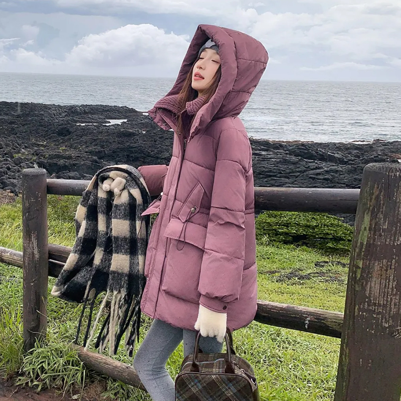 2025新款棉服女大码宽松中长款针织领连帽棉衣收腰外套女士