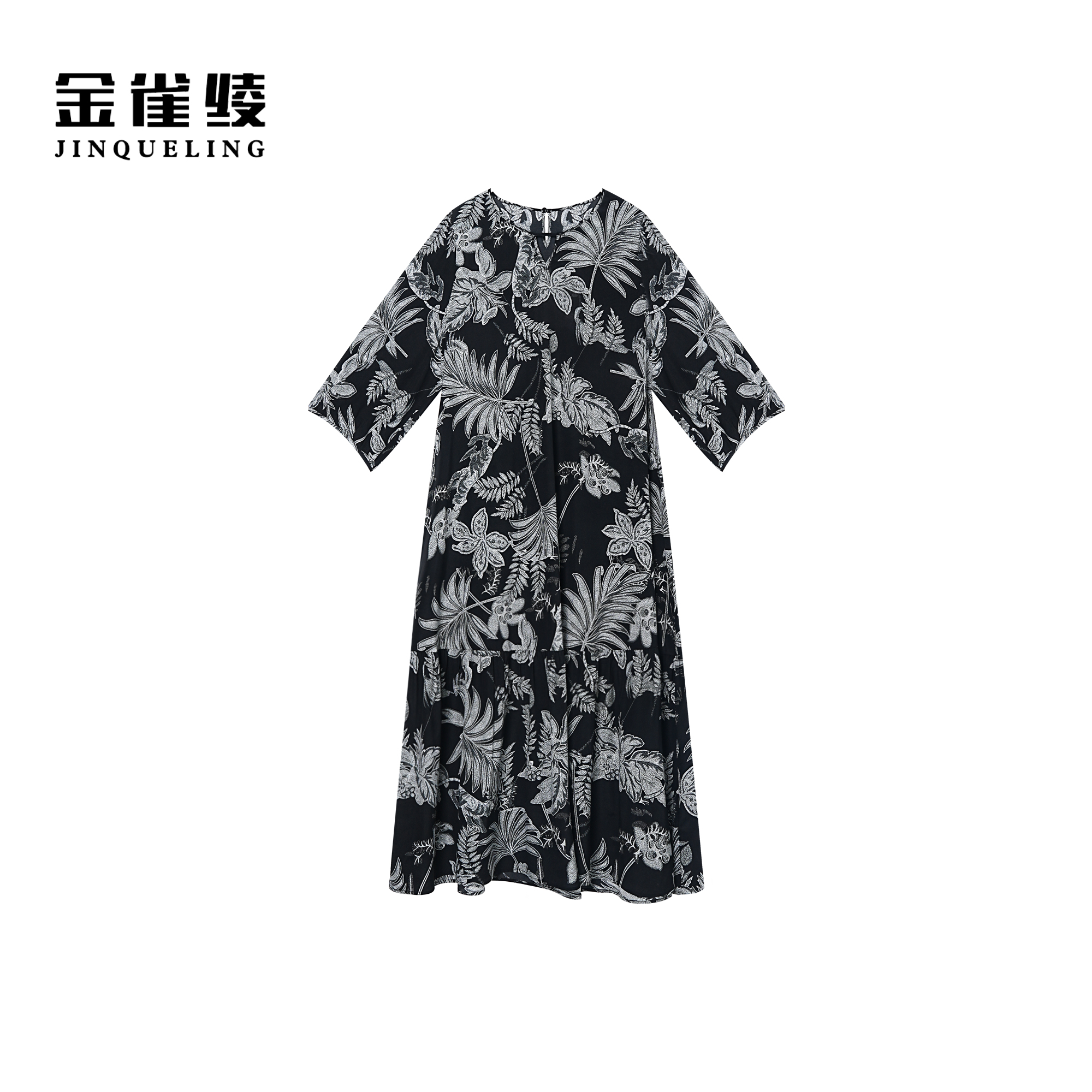 金雀绫【远山黛】桑蚕丝满印显瘦加宽加大女装连衣裙SZA1L167