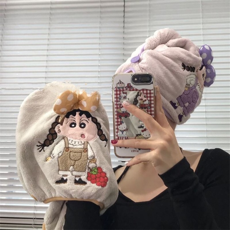 ins可爱刺绣小新干发帽女加厚超强吸水珊瑚绒速干包头发毛巾浴帽