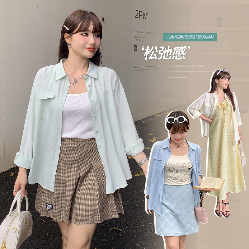 纯色正肩PoIo领气质长袖衬衫女春季大码胖mm显瘦休闲上衣65014