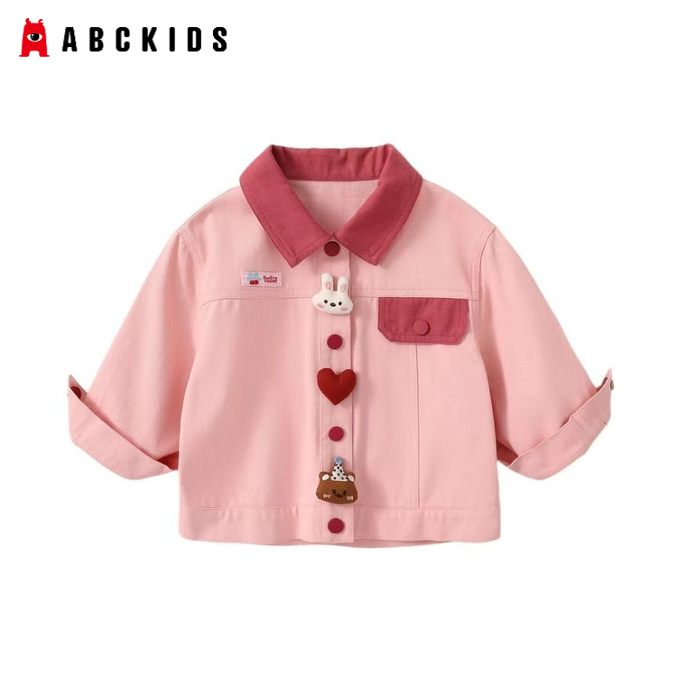 Abckids2025新款春秋粉色可爱卡通外套女童时尚百搭翻领上衣童装