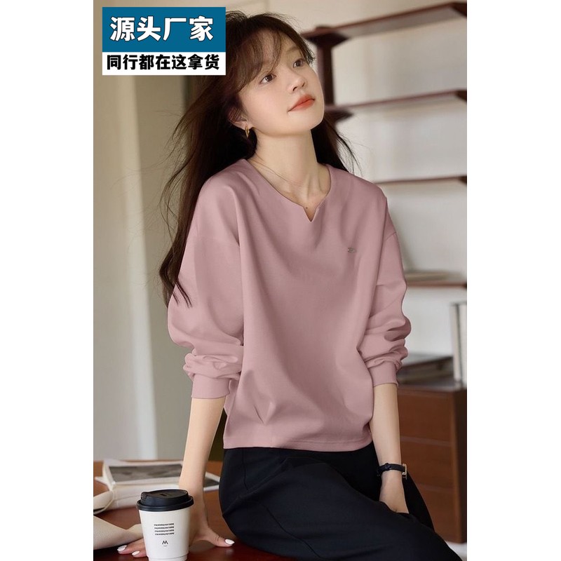 梵乐芬韩版纯色V领宽松卫衣女2025春秋季新款简约收腰显瘦打底衫