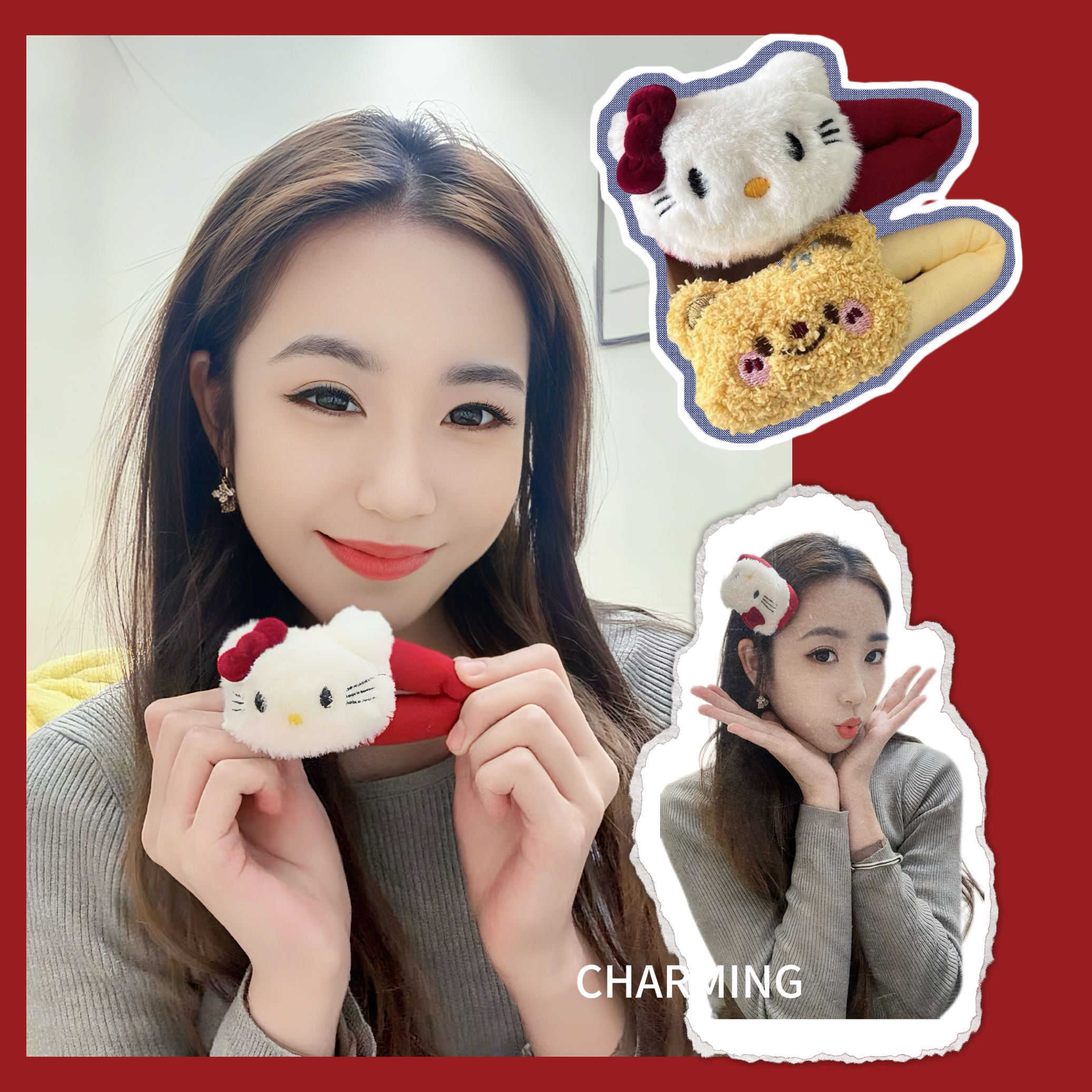 kitty无痕元气穿搭Kitty蝴蝶结侧边刘海夹子黄油小熊bb红少女心