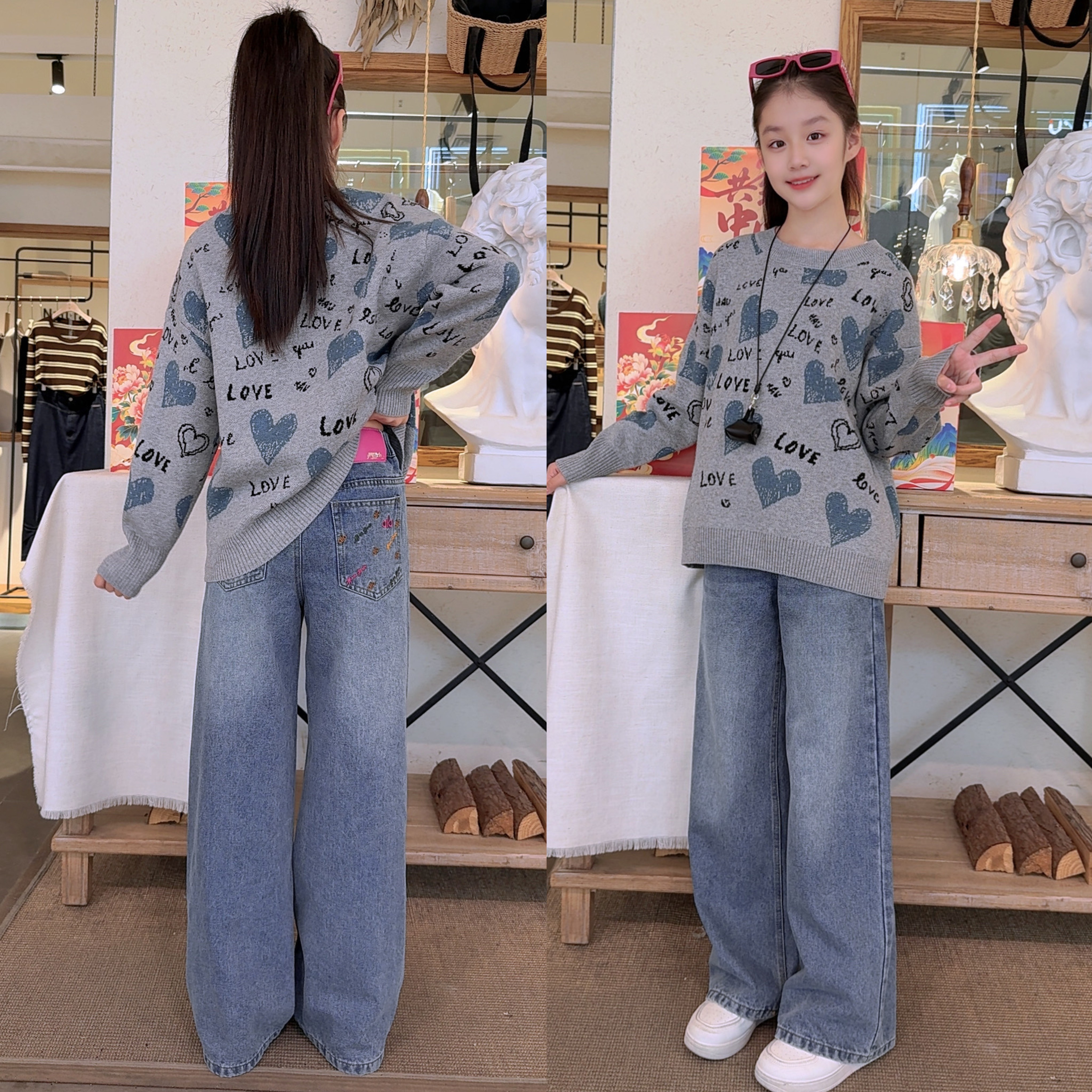 童装牛仔裤女孩秋冬毛衣森系套头常规款女童牛仔直筒裤中大童秋冬