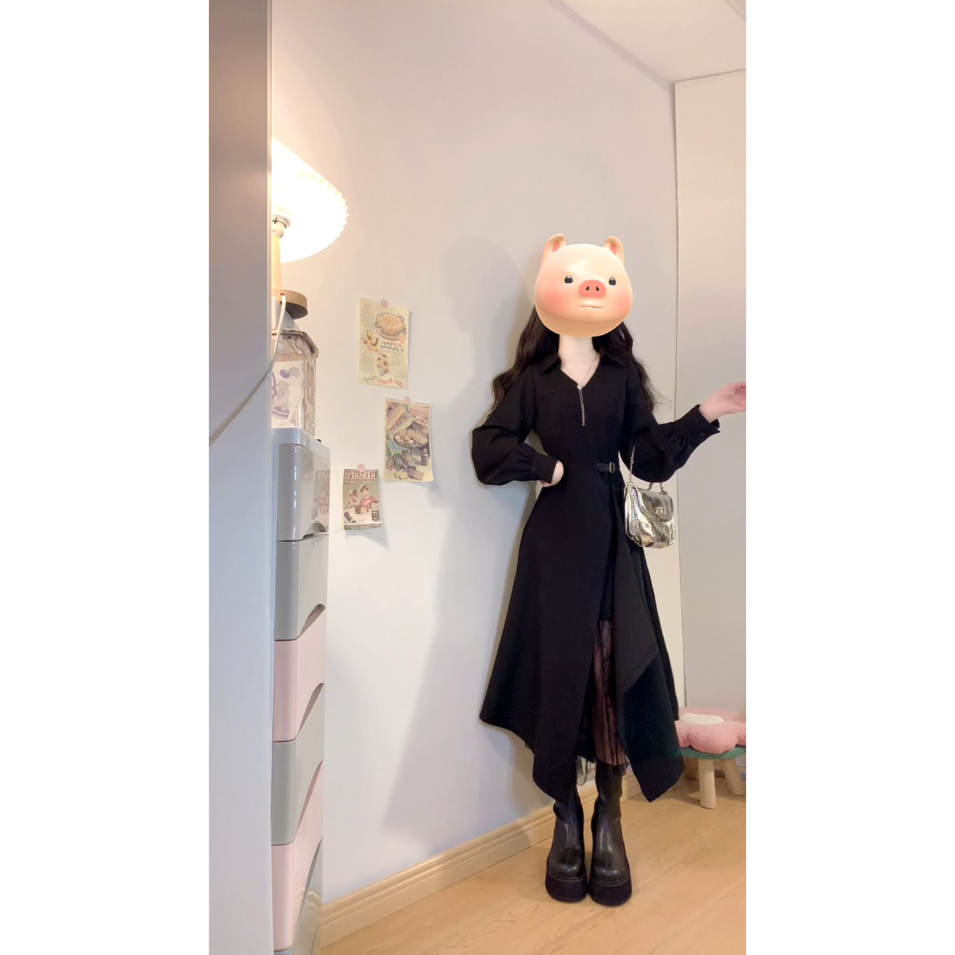 大码秋冬法式赫本风黑色蕾丝拼接不规则裙摆显瘦连衣裙