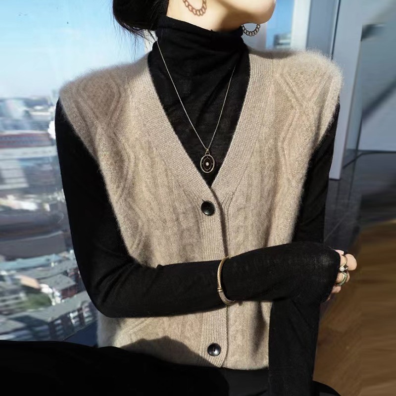 100%纯羊绒衫女春秋季针织开衫外套宽松外穿背心马甲百搭羊毛毛衣