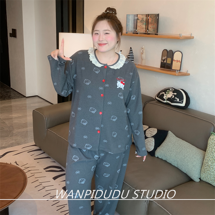 大码胖MM200斤秋冬长袖长裤羊羔绒睡衣灰KT圆领恒温保暖